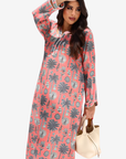 Coral Oasis linen blend jalabiya with tropical botanical print and contrast trim