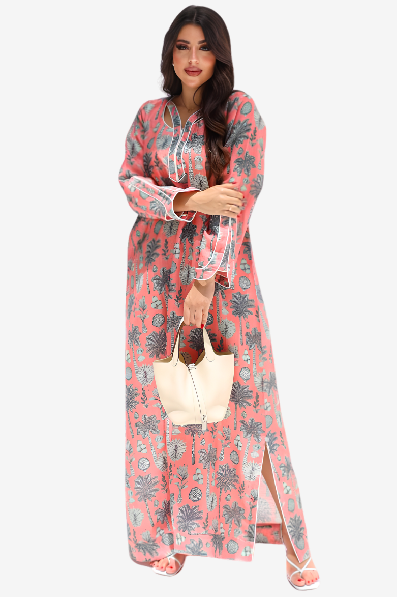 Coral Oasis Signature Linen Blend Jalabiya for women in coral botanical print – Gharza Couture