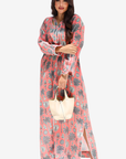Coral Oasis Signature Linen Blend Jalabiya for women in coral botanical print – Gharza Couture