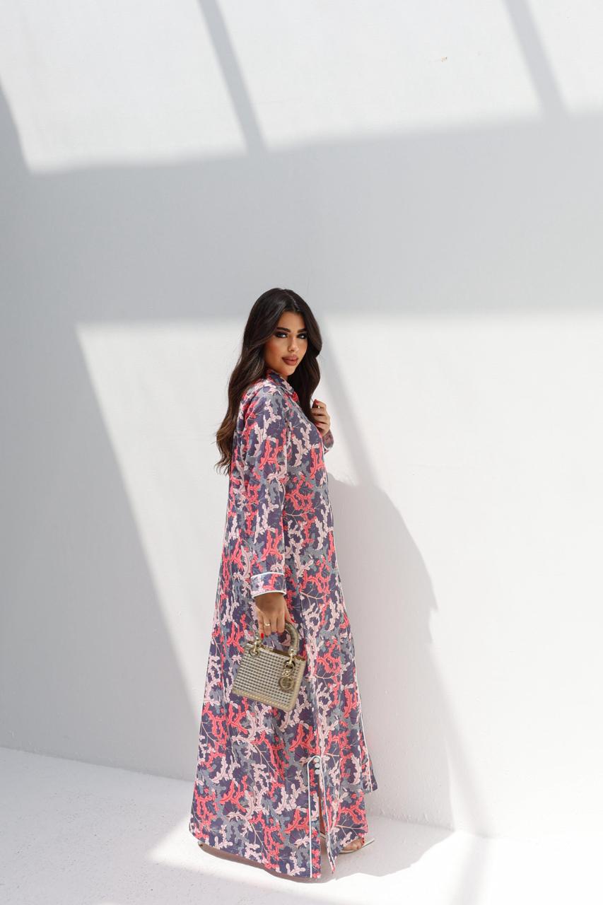 Back view of luxury printed jalabiya for women by Gharza Couture