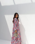 Back view of luxury printed jalabiya for women by Gharza Couture