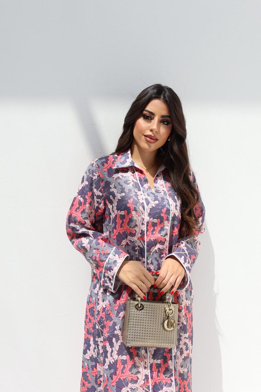 Nayla Coral Reef Jalabiya luxury printed jalabiya for women in lavender and pink tones