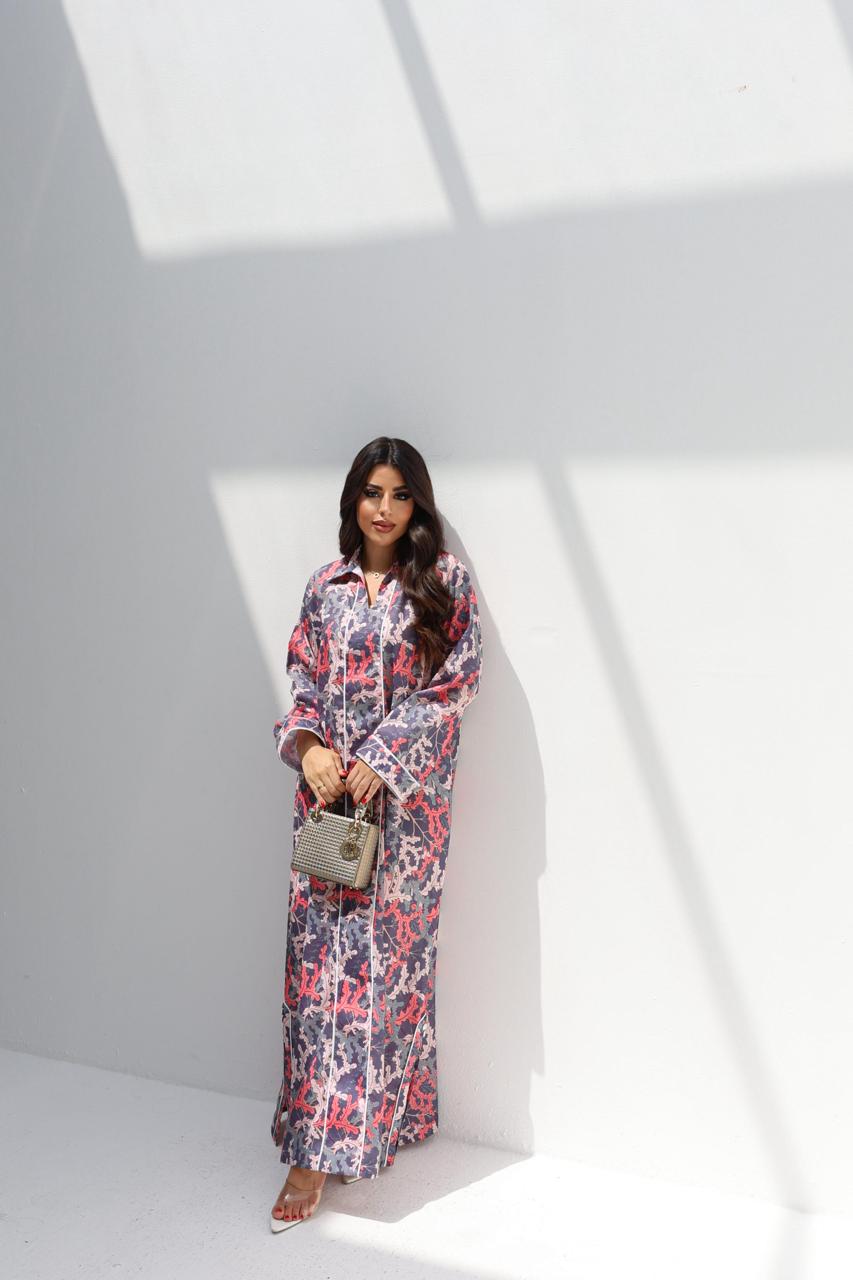 Full length luxury modest jalabiya for women with coral inspired print