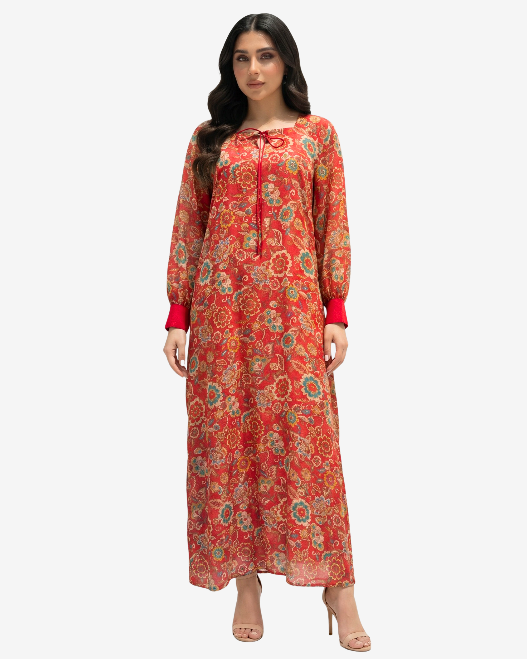 Crimson Bloom Tie Neck Cotton Chiffon Dress by Gharza Couture featuring a full-length modest silhouette with a vibrant vintage floral print.