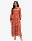 Crimson Bloom Tie Neck Cotton Chiffon Dress by Gharza Couture featuring a full-length modest silhouette with a vibrant vintage floral print.