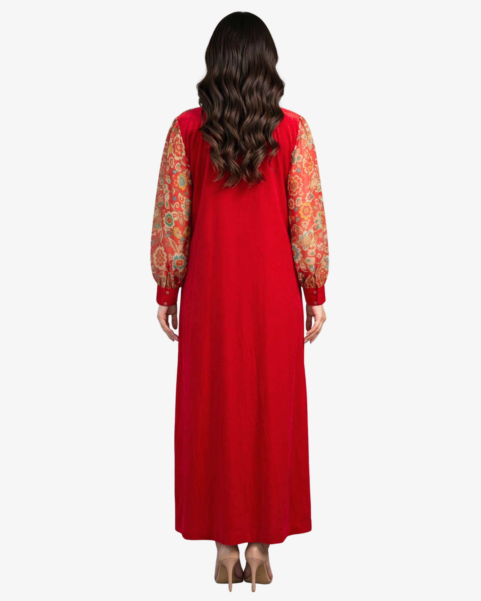 Back view of the Crimson Bloom Tie Neck Cotton Chiffon Dress showcasing the flowing chiffon overlay and contrasting cotton back panel.