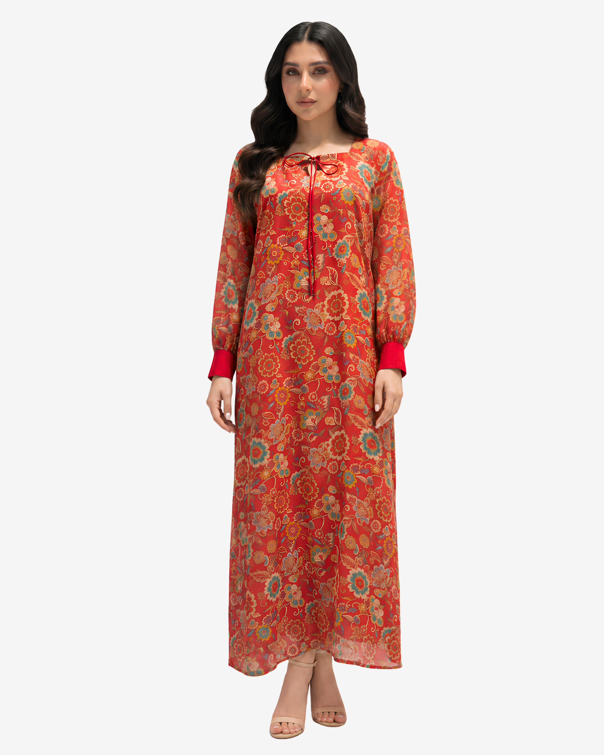 Full-length Crimson Bloom Cotton Chiffon Dress featuring a soft cotton lining, lightweight chiffon overlay, and graceful floral design.