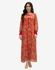 Full-length Crimson Bloom Cotton Chiffon Dress featuring a soft cotton lining, lightweight chiffon overlay, and graceful floral design.