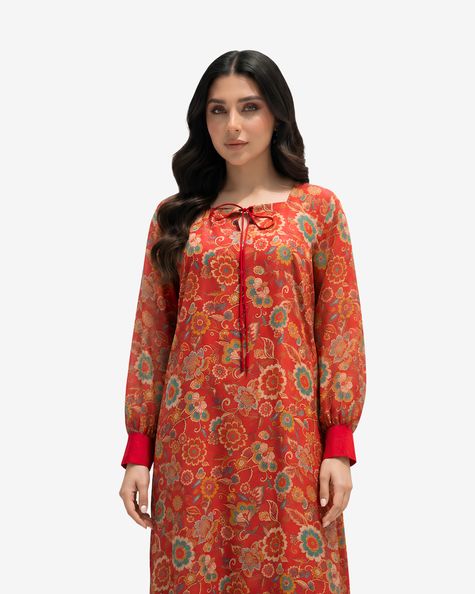 Close-up of the Crimson Bloom Tie Neck Cotton Chiffon Dress highlighting the tie neckline, floral print, and lightweight chiffon fabric.