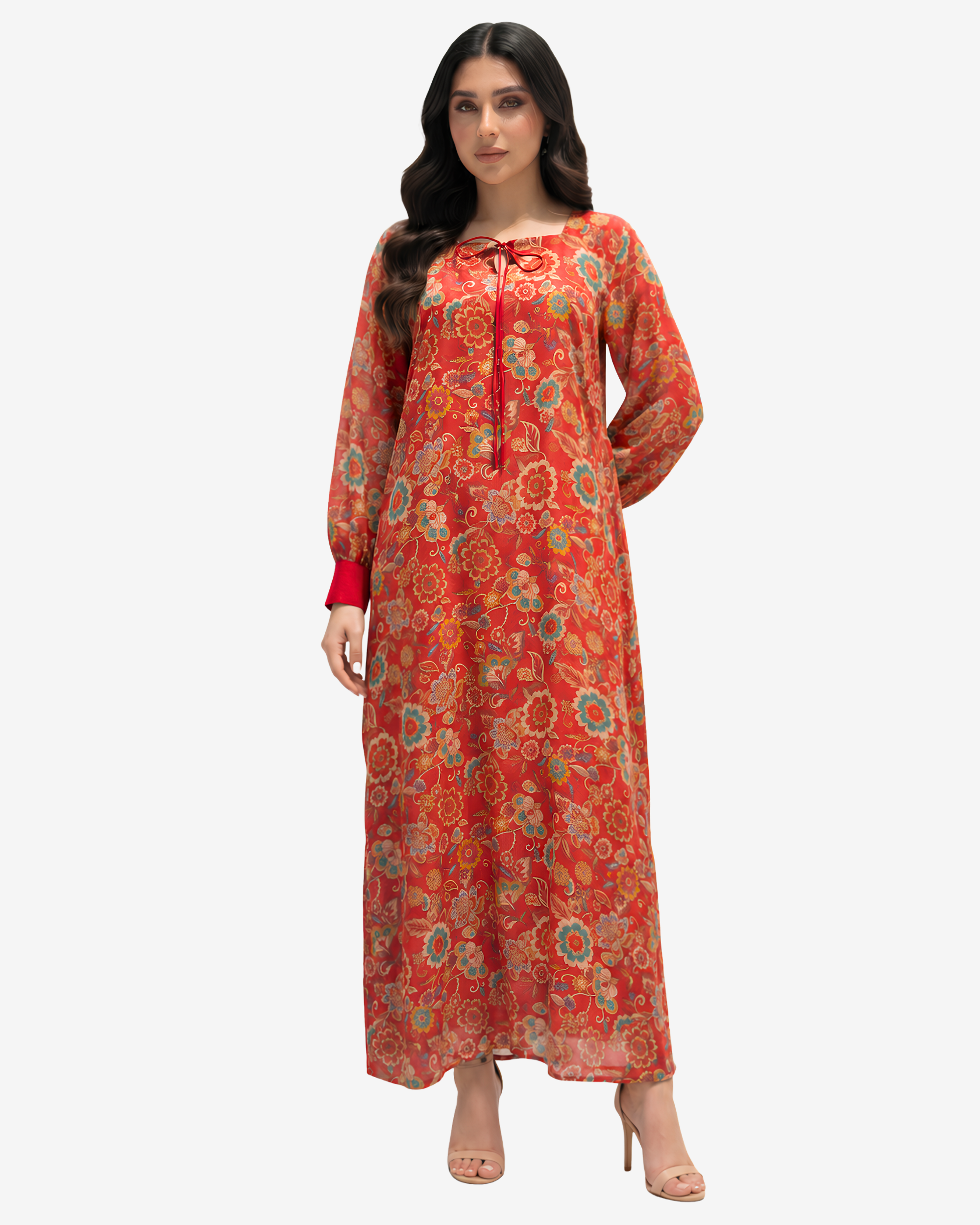 Luxury cotton chiffon dress with a flowing full-length silhouette, tie neckline, and elegant crimson floral print.