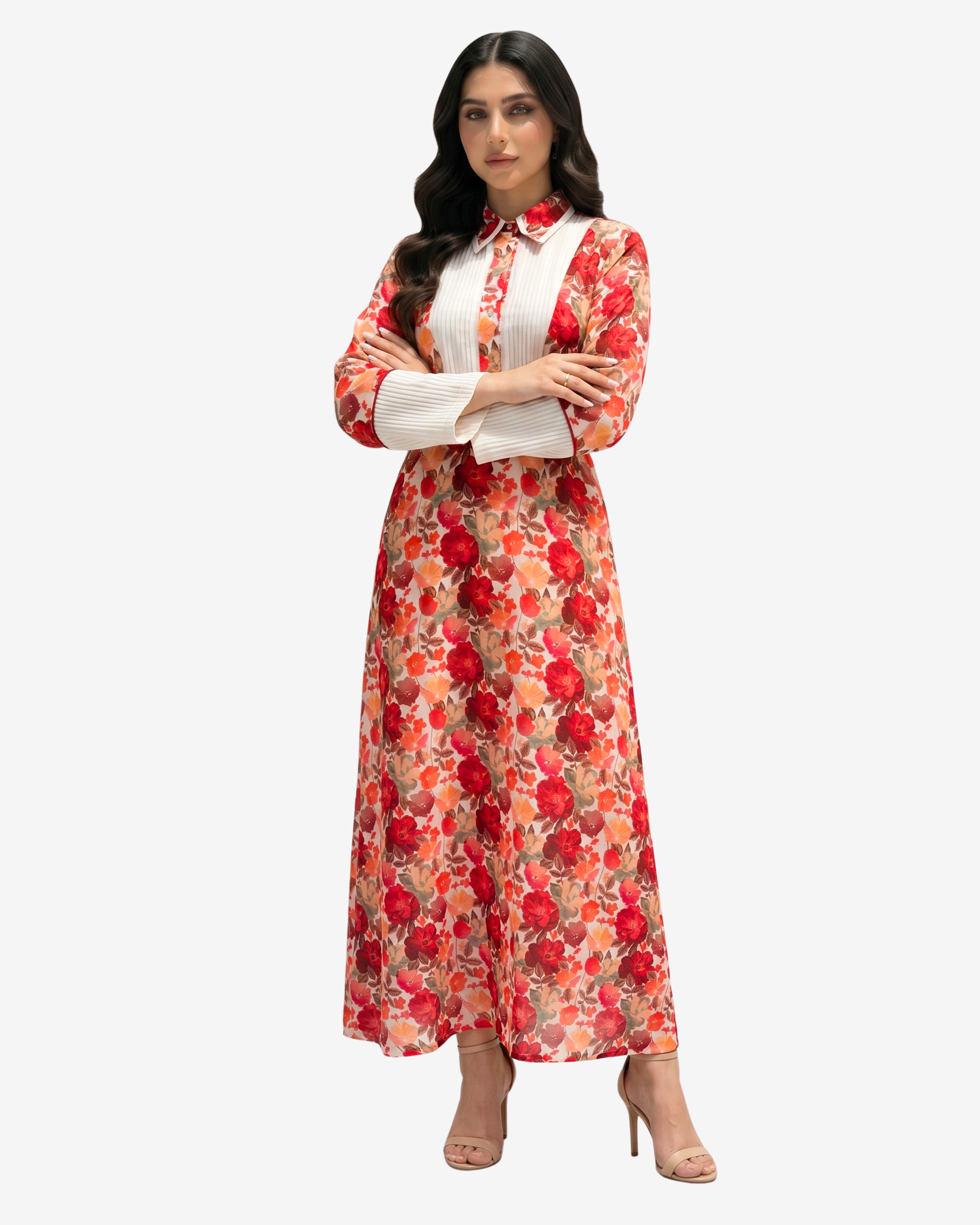 Crimson Blossom modest linen blend jalabiya with elegant floral print and matching waist belt