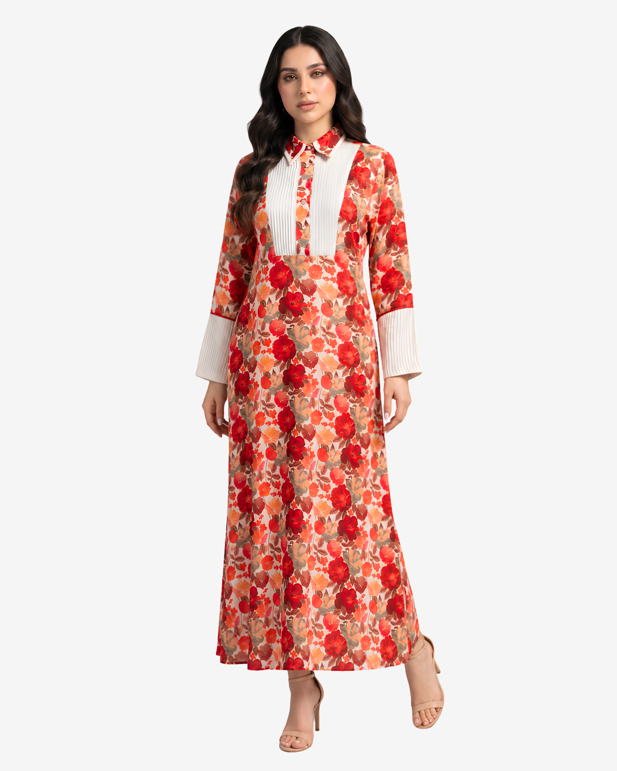 Front view of Crimson Blossom luxury linen blend jalabiya with pleated front detail and matching belt