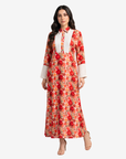 Front view of Crimson Blossom luxury linen blend jalabiya with pleated front detail and matching belt