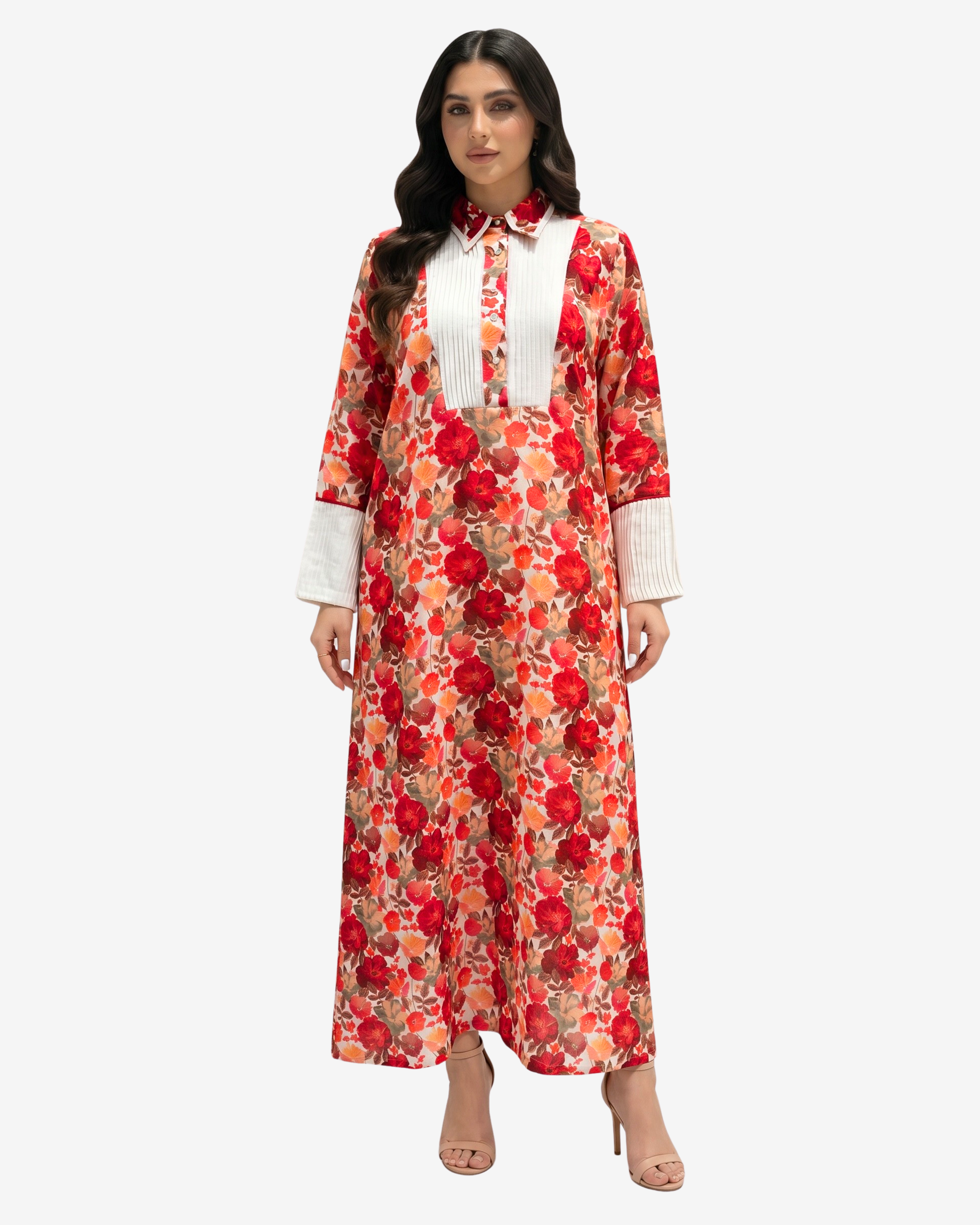 Crimson Blossom Belted Pleated Front Linen Blend Jalabiya with floral print by Gharza Couture