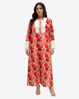 Crimson Blossom Belted Pleated Front Linen Blend Jalabiya with floral print by Gharza Couture