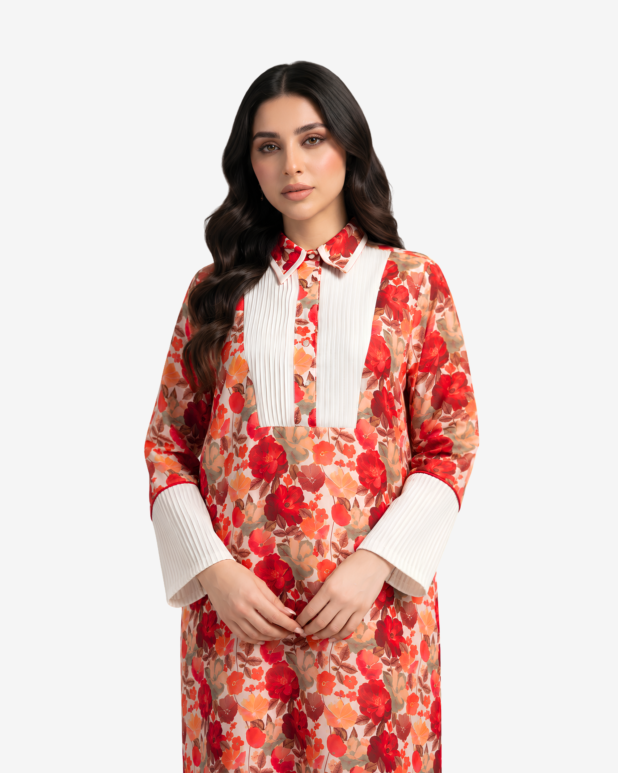 Close-up of the pleated front panel, shirt collar and floral print on the Crimson Blossom linen blend jalabiya
