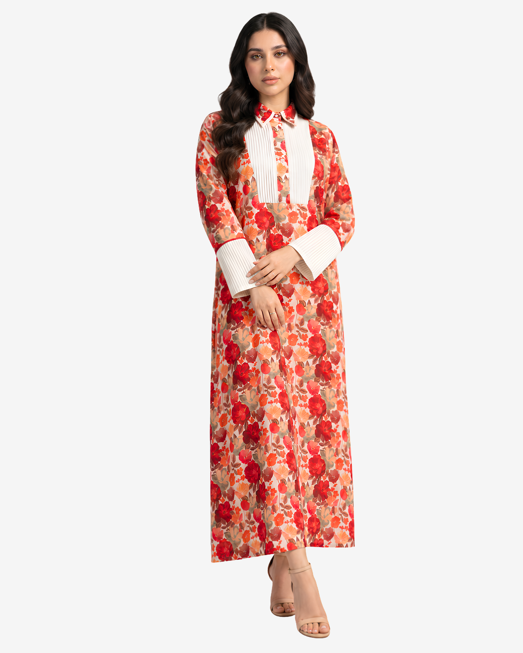 Three-quarter view of Crimson Blossom floral linen blend jalabiya with shirt collar and pleated front