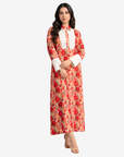 Three-quarter view of Crimson Blossom floral linen blend jalabiya with shirt collar and pleated front