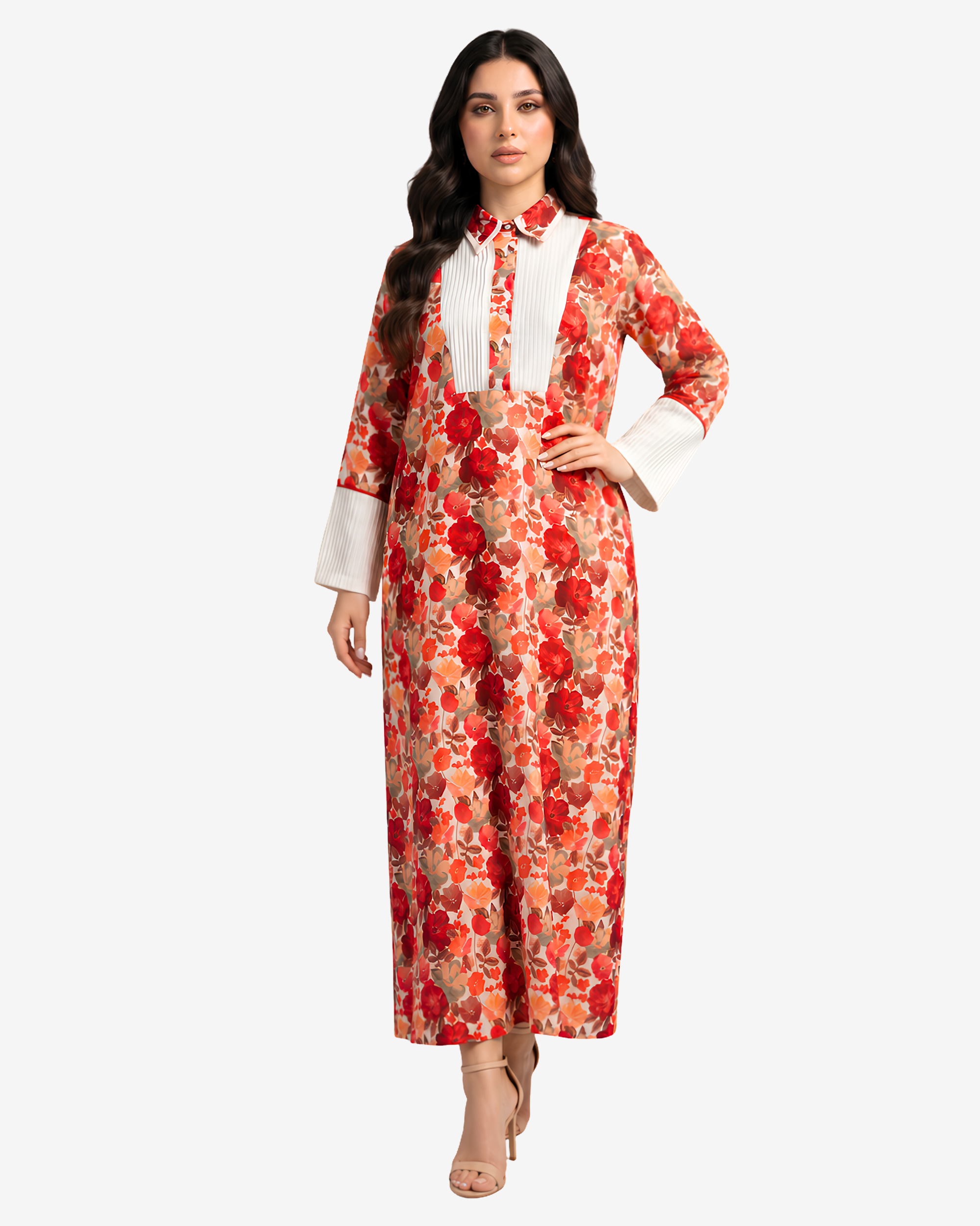 Full-length Crimson Blossom belted linen blend jalabiya featuring a pleated front panel and floral print