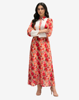 Crimson Blossom modest linen blend jalabiya with elegant floral print and matching waist belt