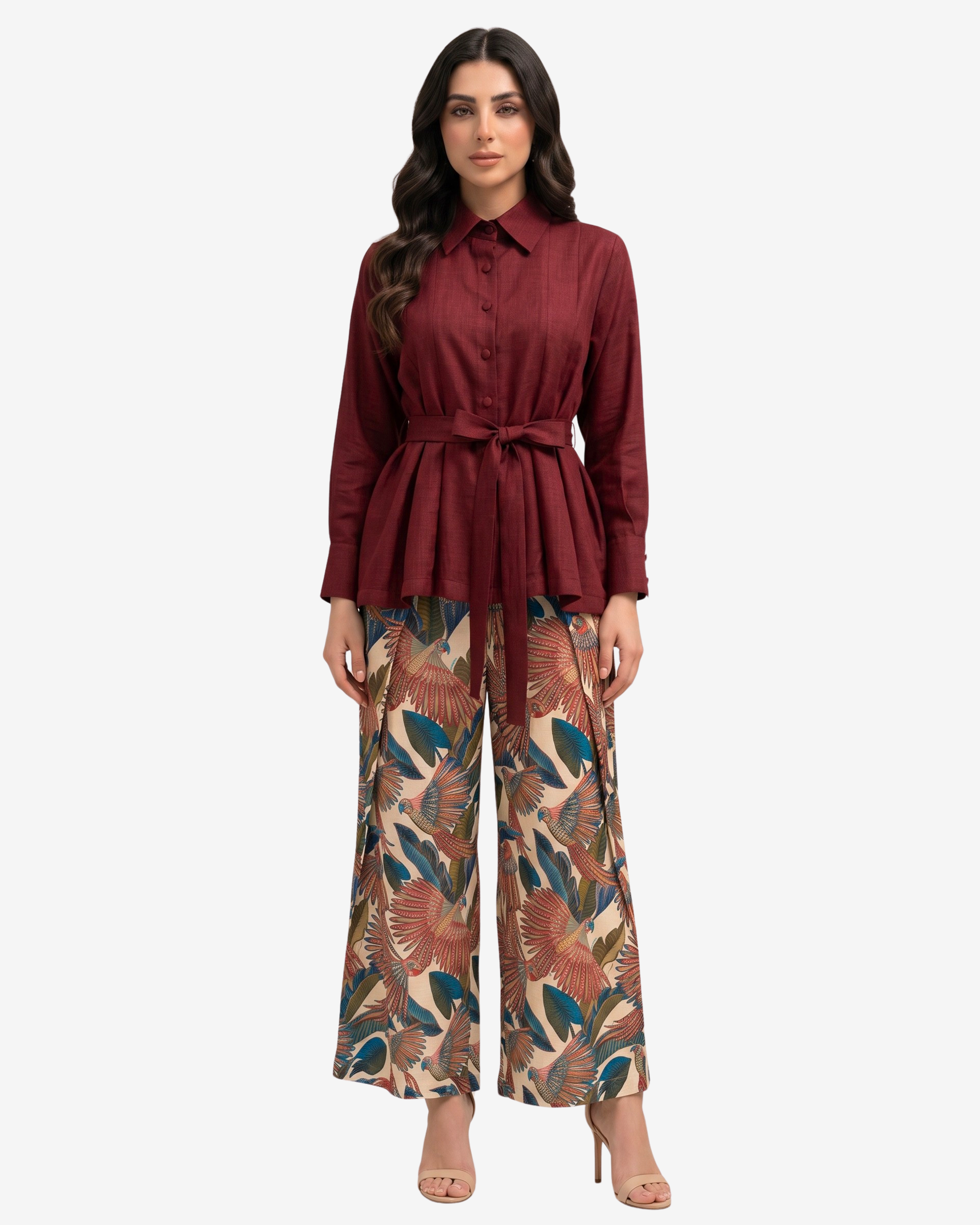 Full-length view of the Crimson Elegance Pleated Linen Co-ord Set with breathable linen pleated top and printed wide-leg trousers for elegant modest fashion.