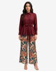 Full-length view of the Crimson Elegance Pleated Linen Co-ord Set with breathable linen pleated top and printed wide-leg trousers for elegant modest fashion.
