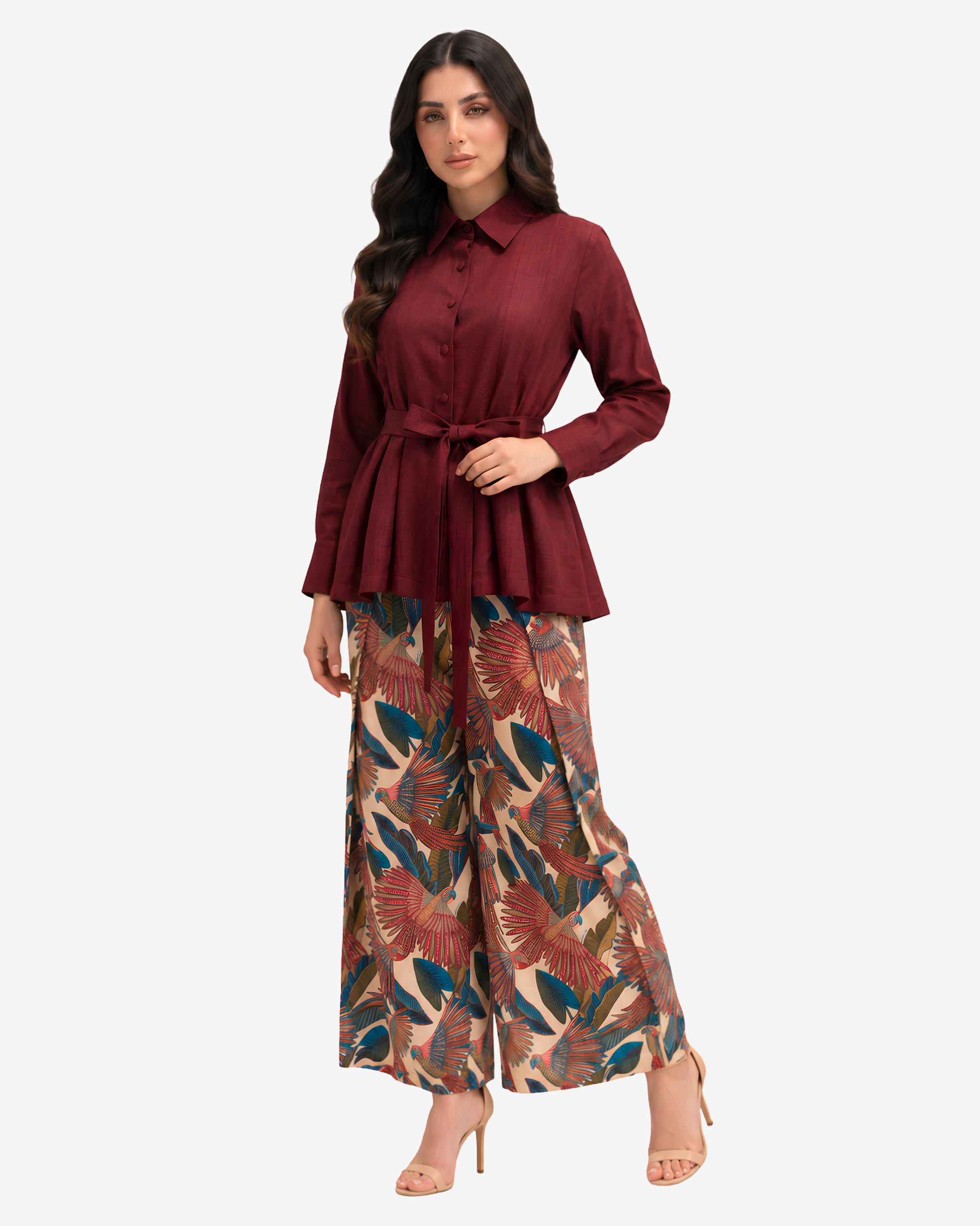 Crimson Elegance Pleated Linen Co-ord Set styled with the detachable waist belt, featuring a breathable linen top and lined botanical print trousers.