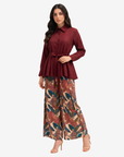Crimson Elegance Pleated Linen Co-ord Set styled with the detachable waist belt, featuring a breathable linen top and lined botanical print trousers.