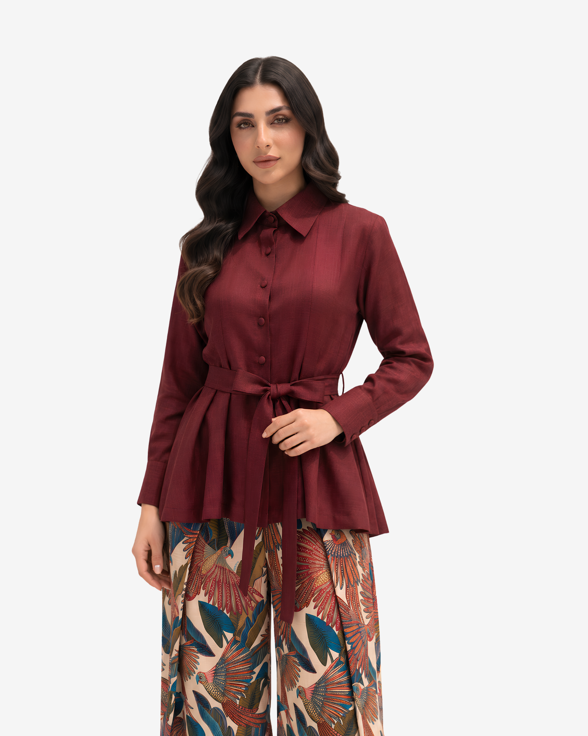 Close-up of the Crimson Elegance Pleated Linen Co-ord Set highlighting the pleated linen shirt, button-front design, detachable belt and premium craftsmanship.