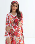 Crimson Bloom Lace Trim Jalabiya showing neckline, floral print and hand embellishment