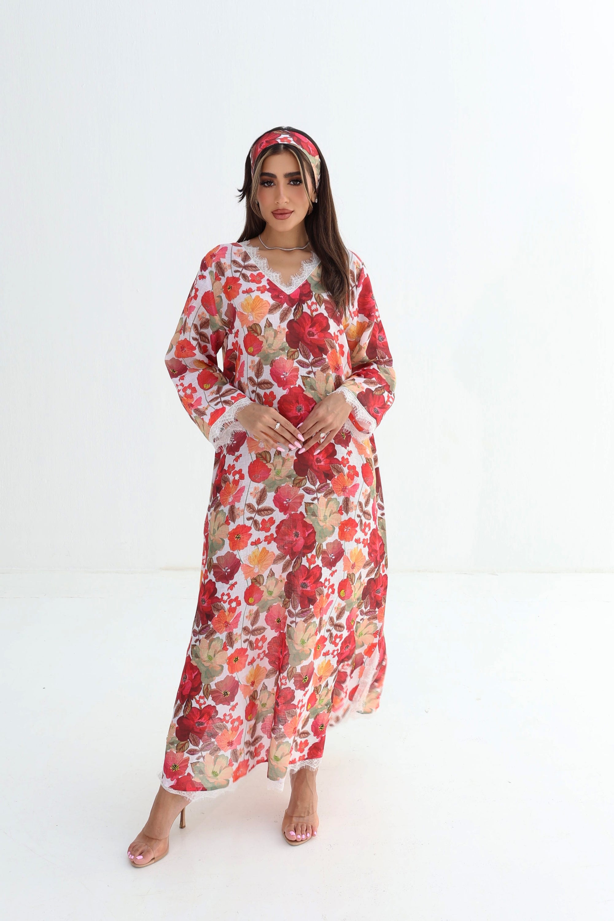 Full-length Crimson Bloom Hand Embellished Linen Blend Jalabiya with floral design