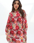 Half-body view of the Crimson Bloom Linen Blend Co-Ord Set highlighting the relaxed floral shirt and premium linen blend fabric.