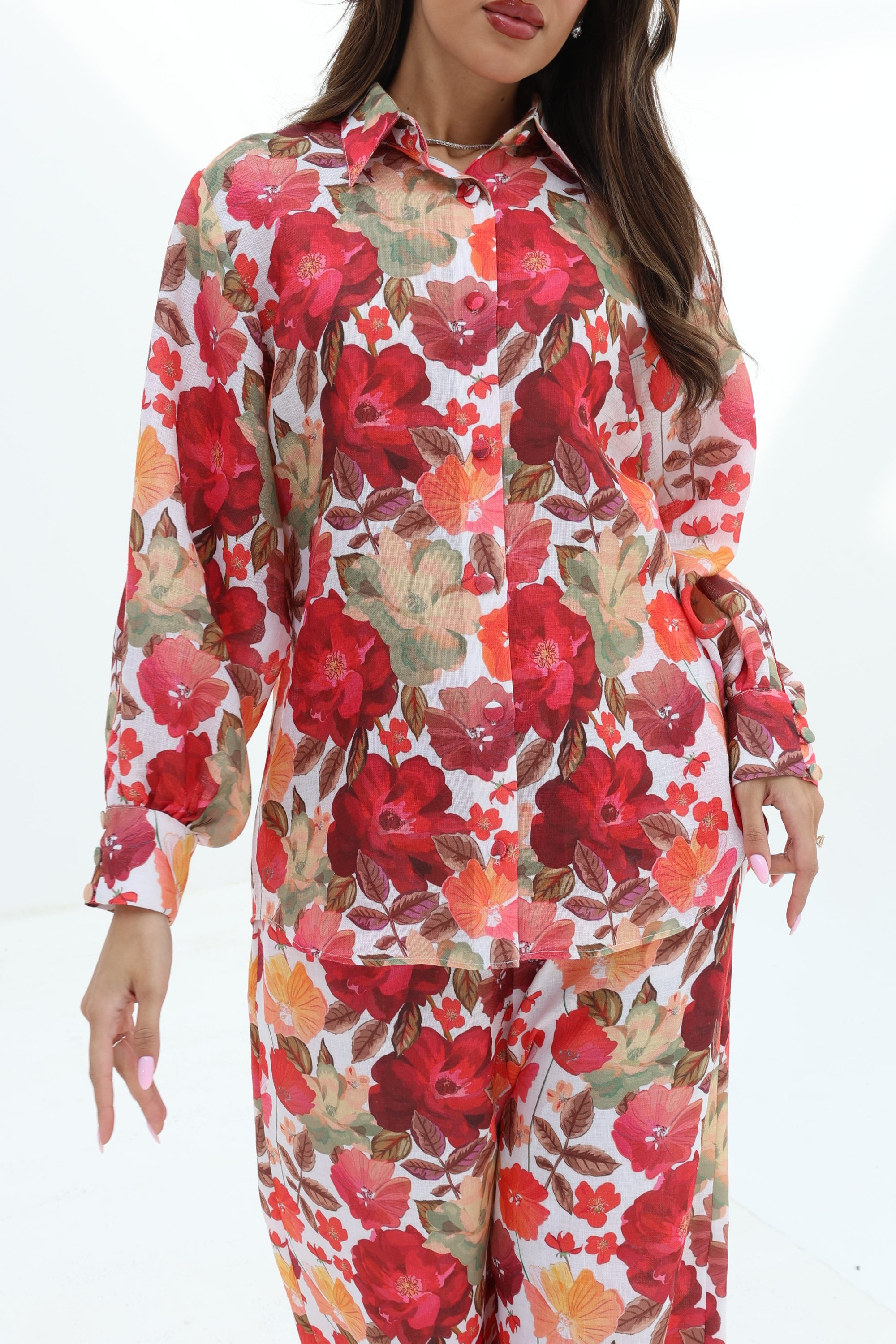Close-up of the Crimson Bloom Linen Blend Co-Ord Set highlighting the floral print, button-down shirt and premium linen blend fabric.