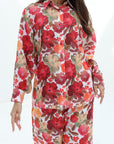 Close-up of the Crimson Bloom Linen Blend Co-Ord Set highlighting the floral print, button-down shirt and premium linen blend fabric.