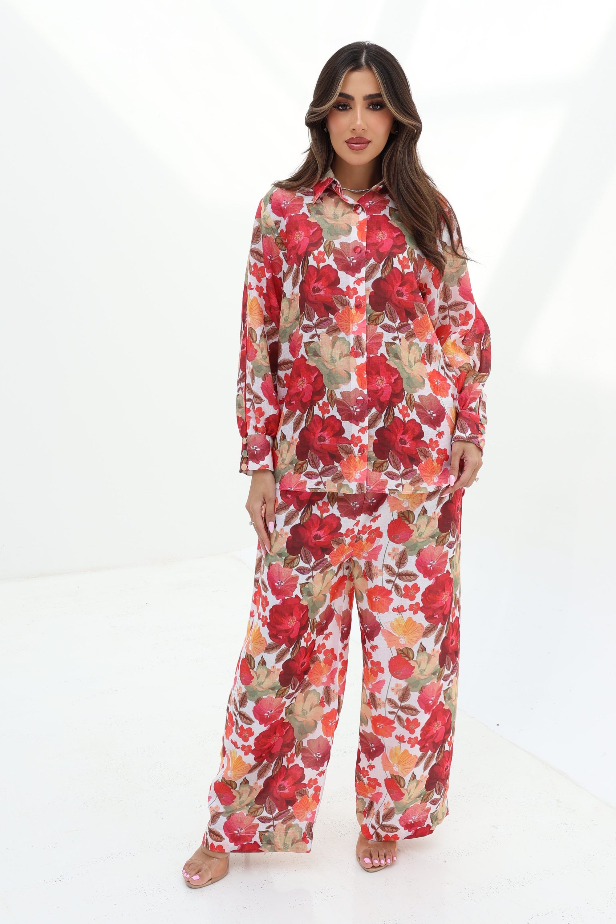 Full-length view of the Crimson Bloom Linen Blend Co-Ord Set with button-down shirt, elastic waist trousers and floral print by Gharza Couture.