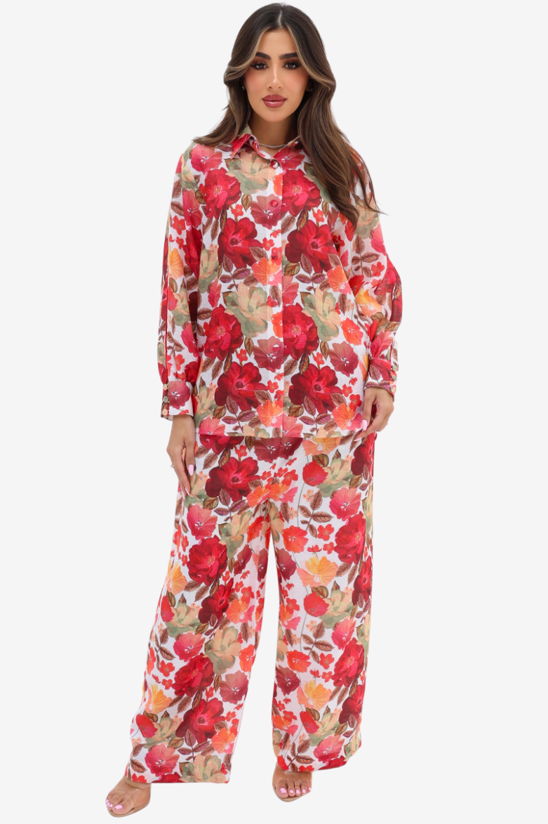 Crimson Bloom Linen Blend Co-ord Set
