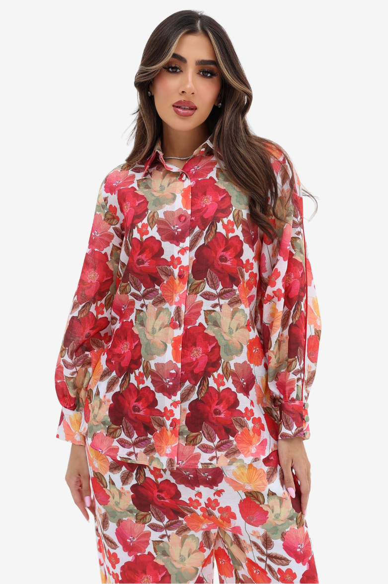 Crimson Bloom Linen Blend Co-ord Set