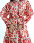 Crimson Bloom Tie Neck Linen Blend Dress showing neckline, trim and voluminous sleeves