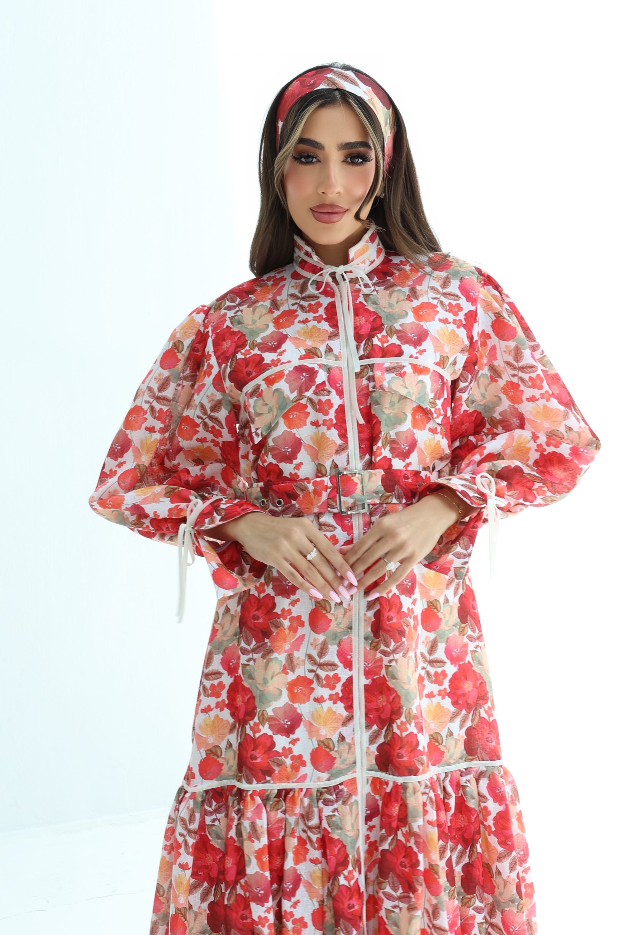 Crimson Bloom Tie Neck Linen Blend Dress showing floral print and sleeve detailing