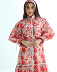 Crimson Bloom Tie Neck Linen Blend Dress showing floral print and sleeve detailing