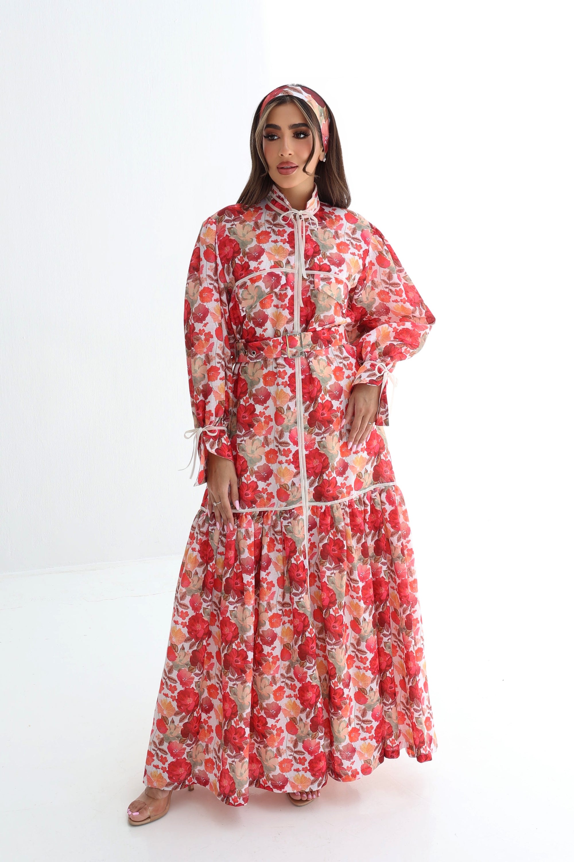 Full-length Crimson Bloom Linen Blend Dress with flowing floral silhouette