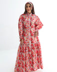 Full-length Crimson Bloom Linen Blend Dress with flowing floral silhouette