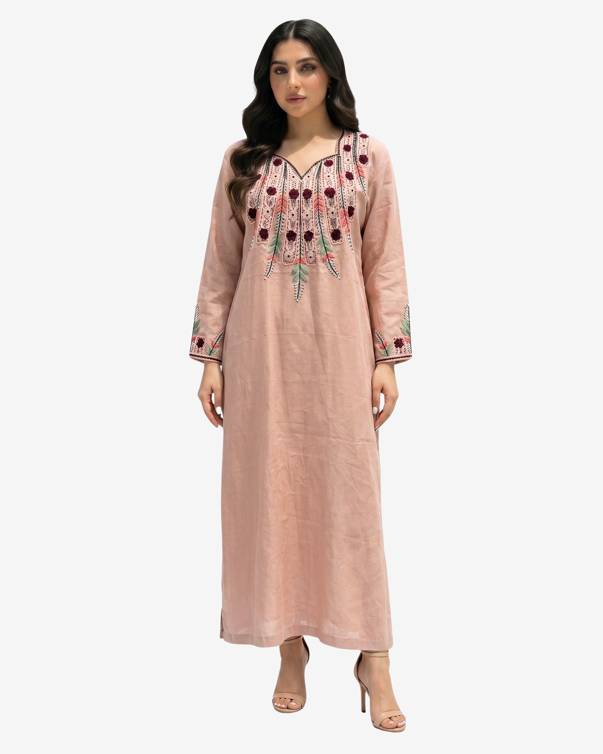 Desert Rose Hand Embroidered Linen Jalabiya in blush pink with handcrafted floral embroidery by Gharza Couture