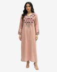 Desert Rose Hand Embroidered Linen Jalabiya in blush pink with handcrafted floral embroidery by Gharza Couture