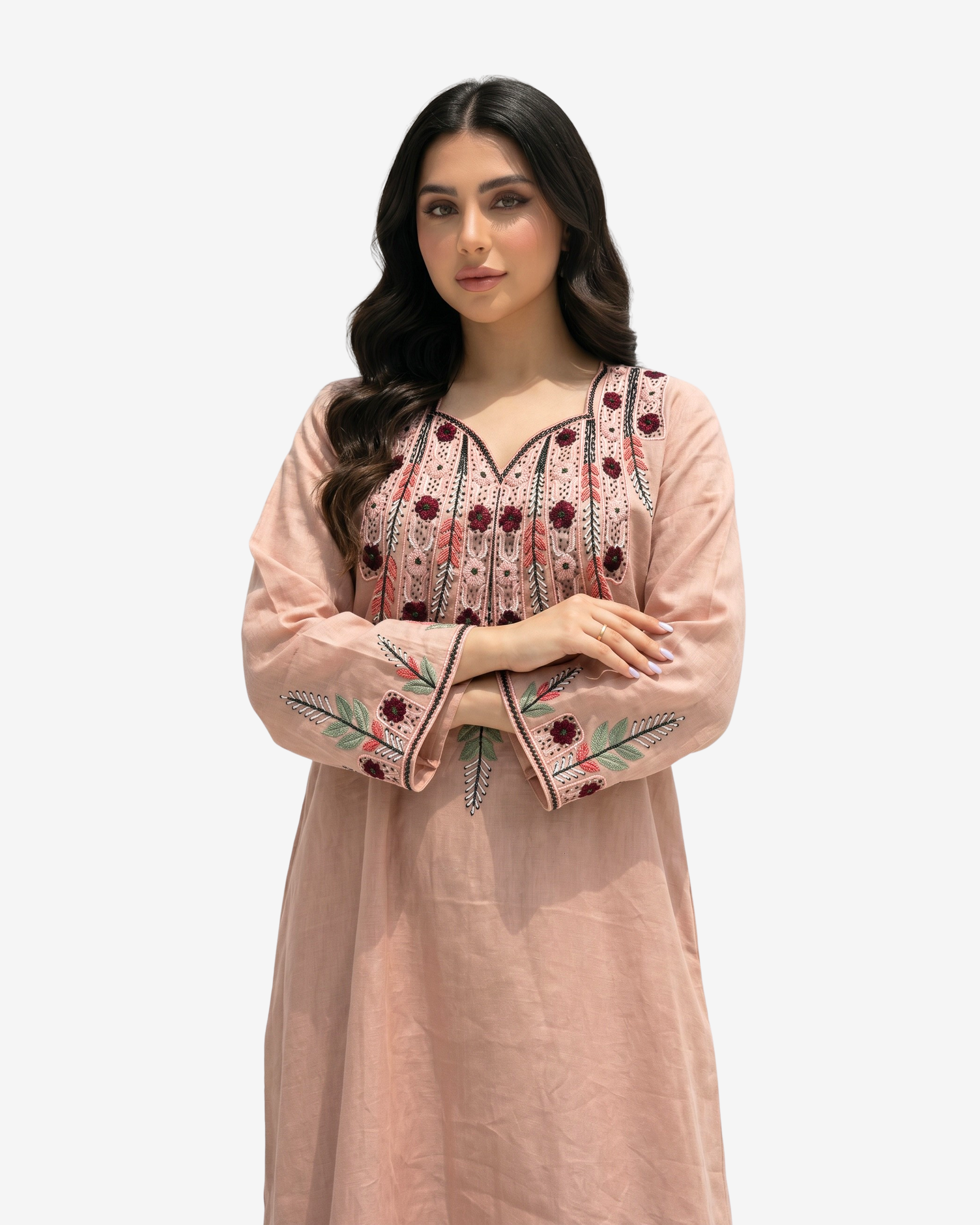 Close-up of the Desert Rose Hand Embroidered Linen Jalabiya showcasing intricate floral embroidery and premium linen fabric