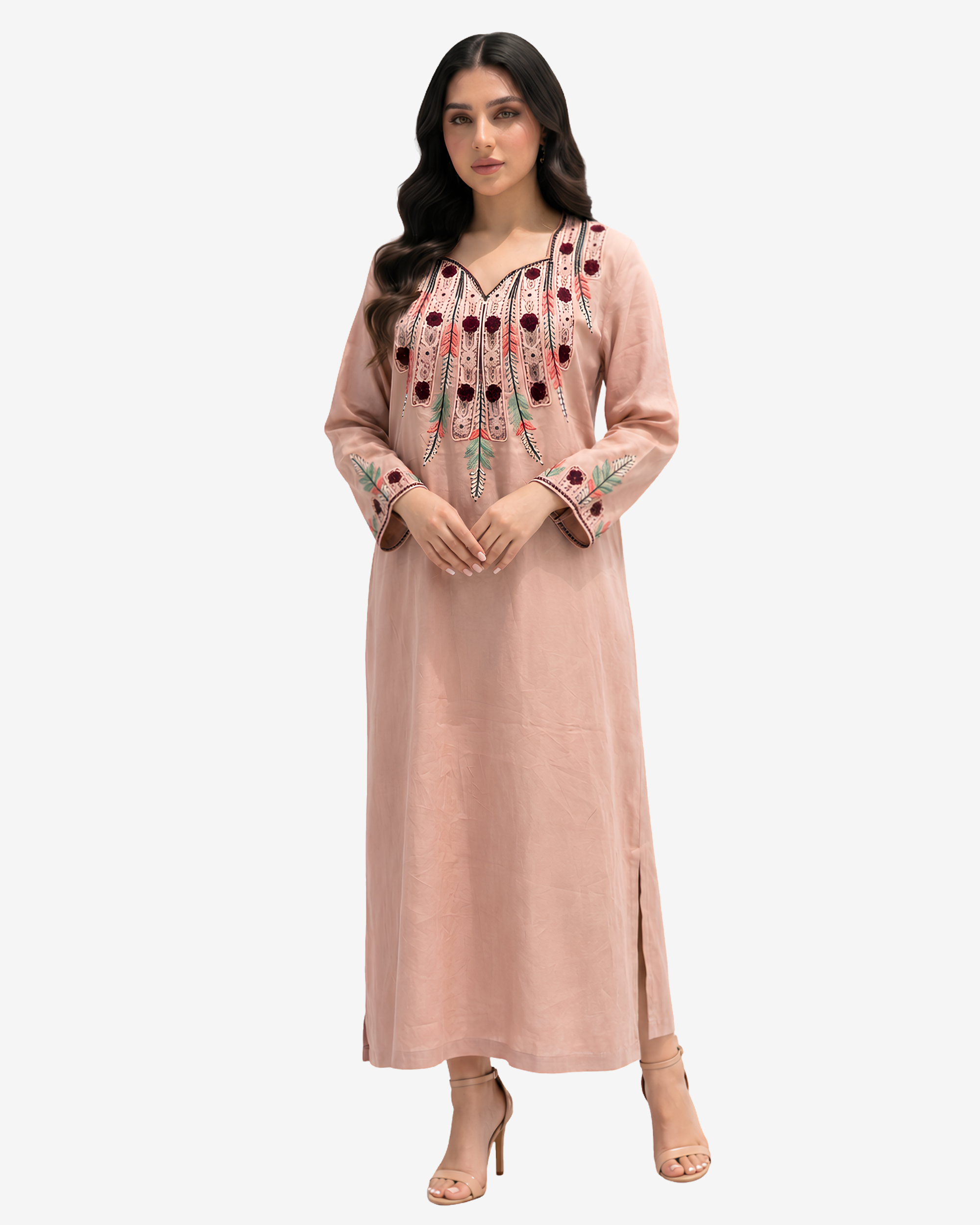 Luxury blush pink linen jalabiya with hand embroidery on the neckline and cuffs by Gharza Couture