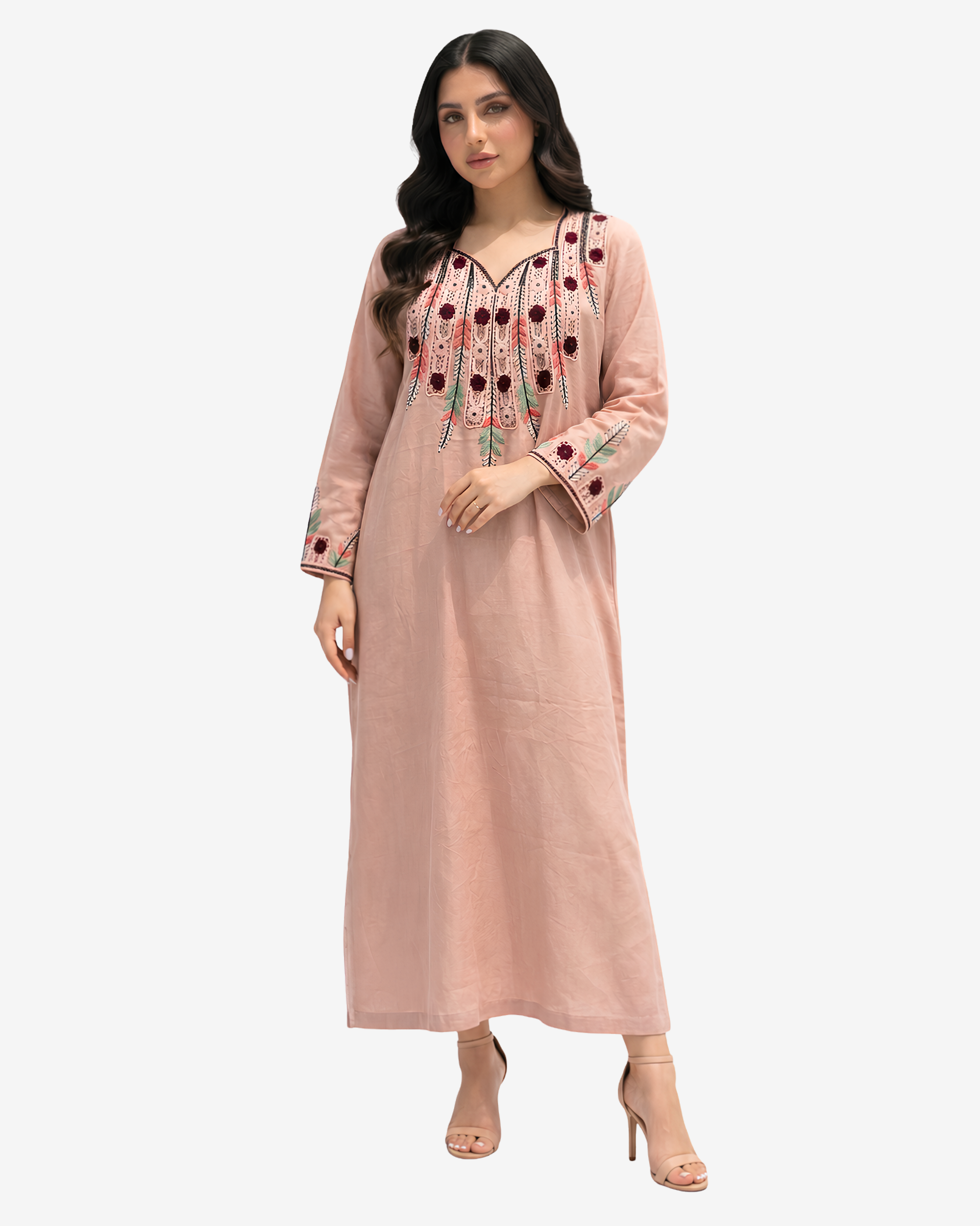 Women's Desert Rose linen jalabiya with handcrafted embroidery in a flowing modest silhouette