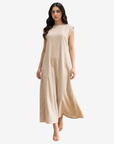 Women's Desert Sand Linen Blend Maxi Dress with a lightweight flowing silhouette, perfect for everyday elegance and modest fashion.