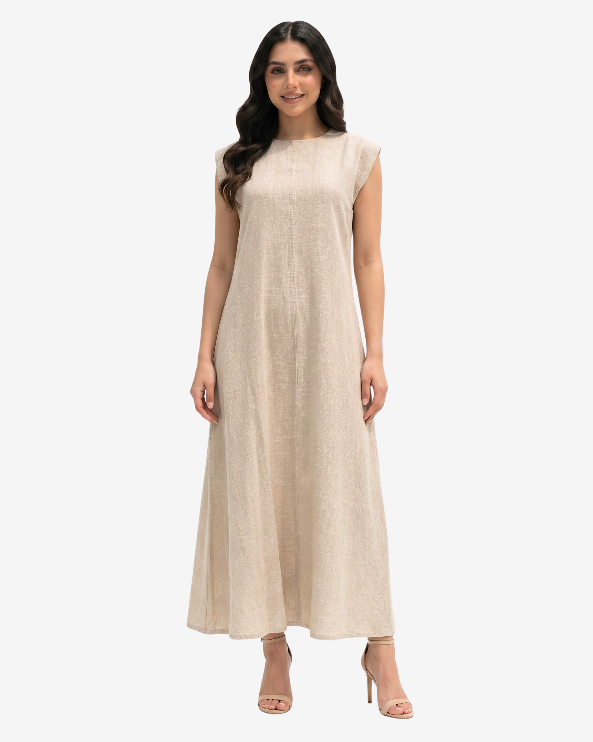 Desert Sand Linen Blend Maxi Dress by Gharza Couture featuring a round neckline, cap sleeves, and a flowing full-length silhouette for elegant modest wear.