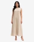 Desert Sand Linen Blend Maxi Dress by Gharza Couture featuring a round neckline, cap sleeves, and a flowing full-length silhouette for elegant modest wear.